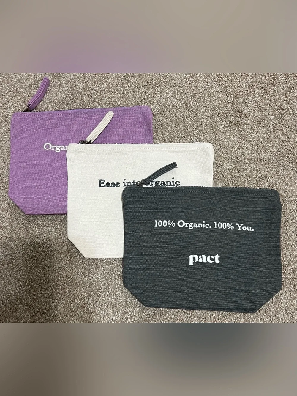 Pact 100% Organic Cotton Multi Use Trio Bag Set in Black, Cream & Purple NEW!
